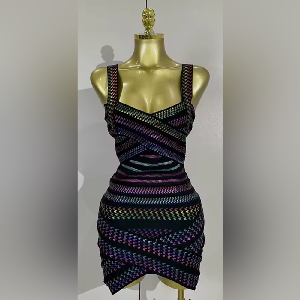 Nu Shuz Key West Black Multicolor Striped Mini Dress with Iridescent Detail